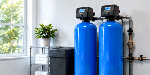 Blue water softeners with control valves beside a window in a clean utility room