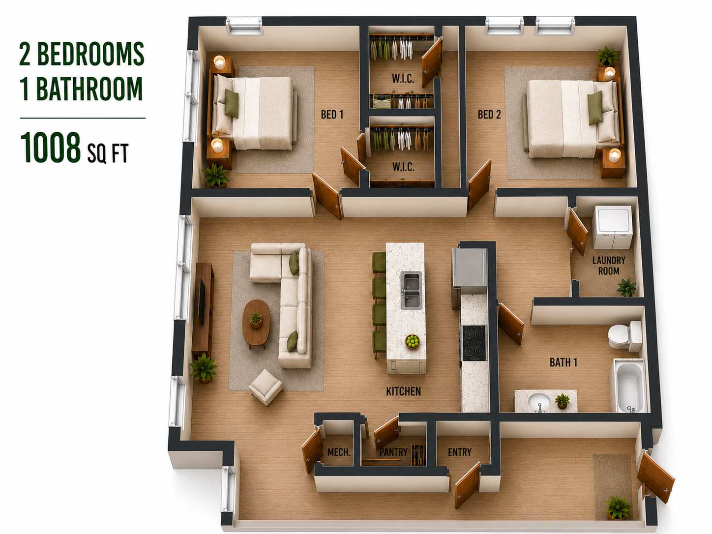 Floor Plan: 2 Bed · 1 Bath · 1008 SF