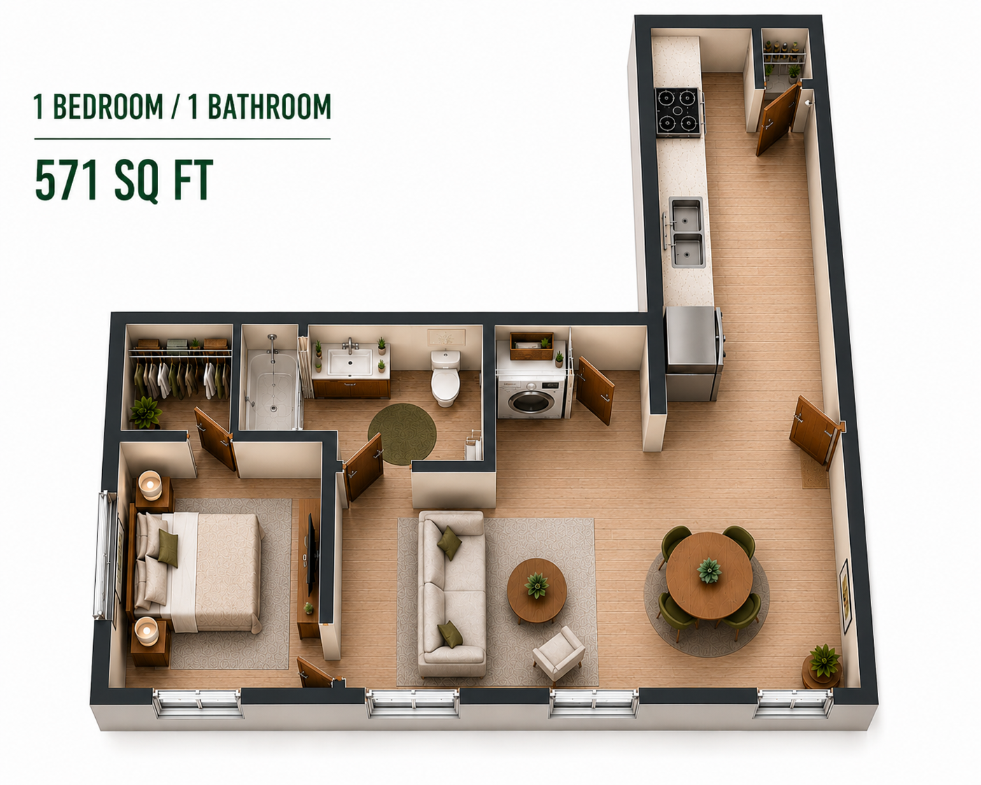 Floor Plan: 1 Bed · 1 Bath · 571 SF