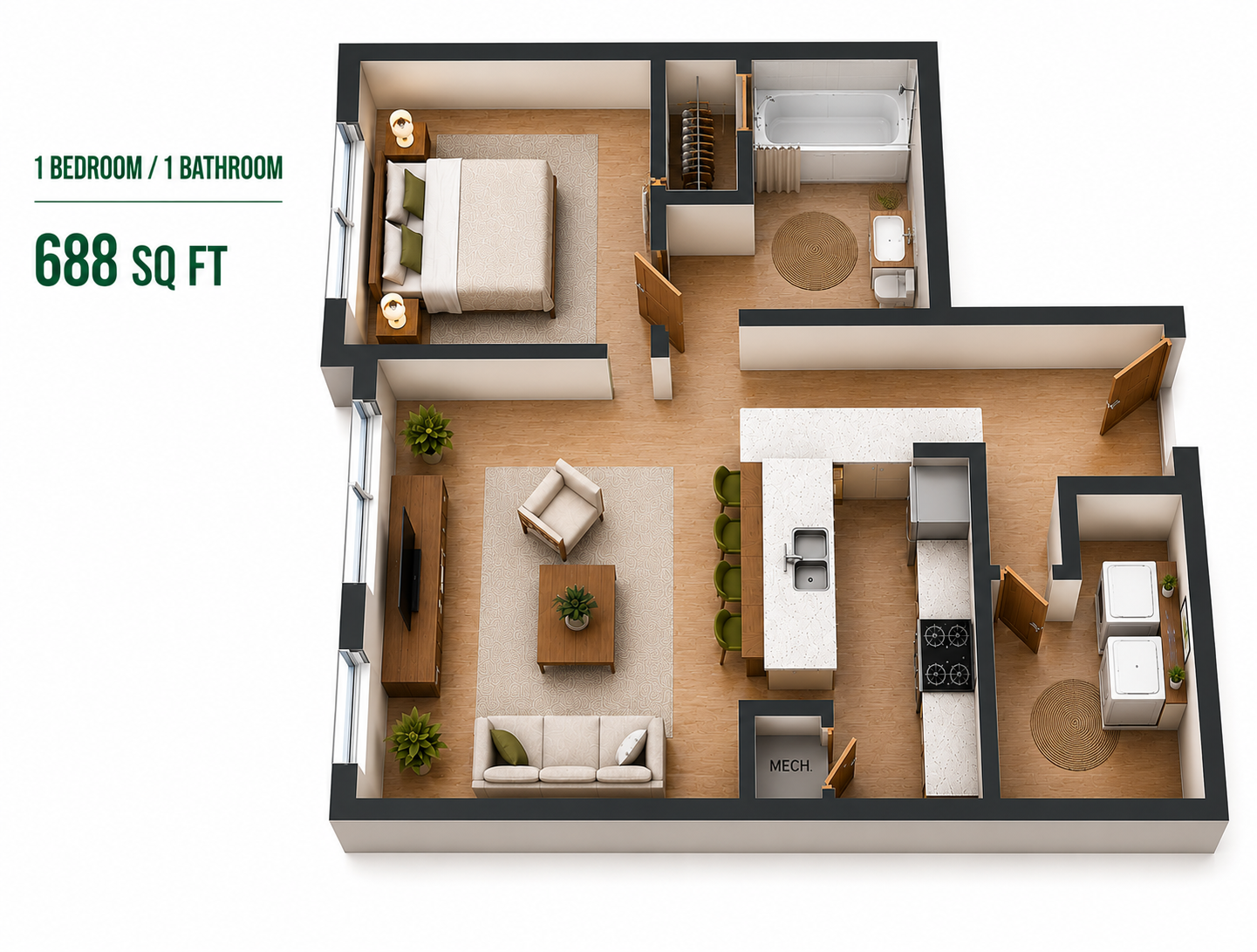 Floor Plan: 1 Bed · 1 Bath · 688 SF