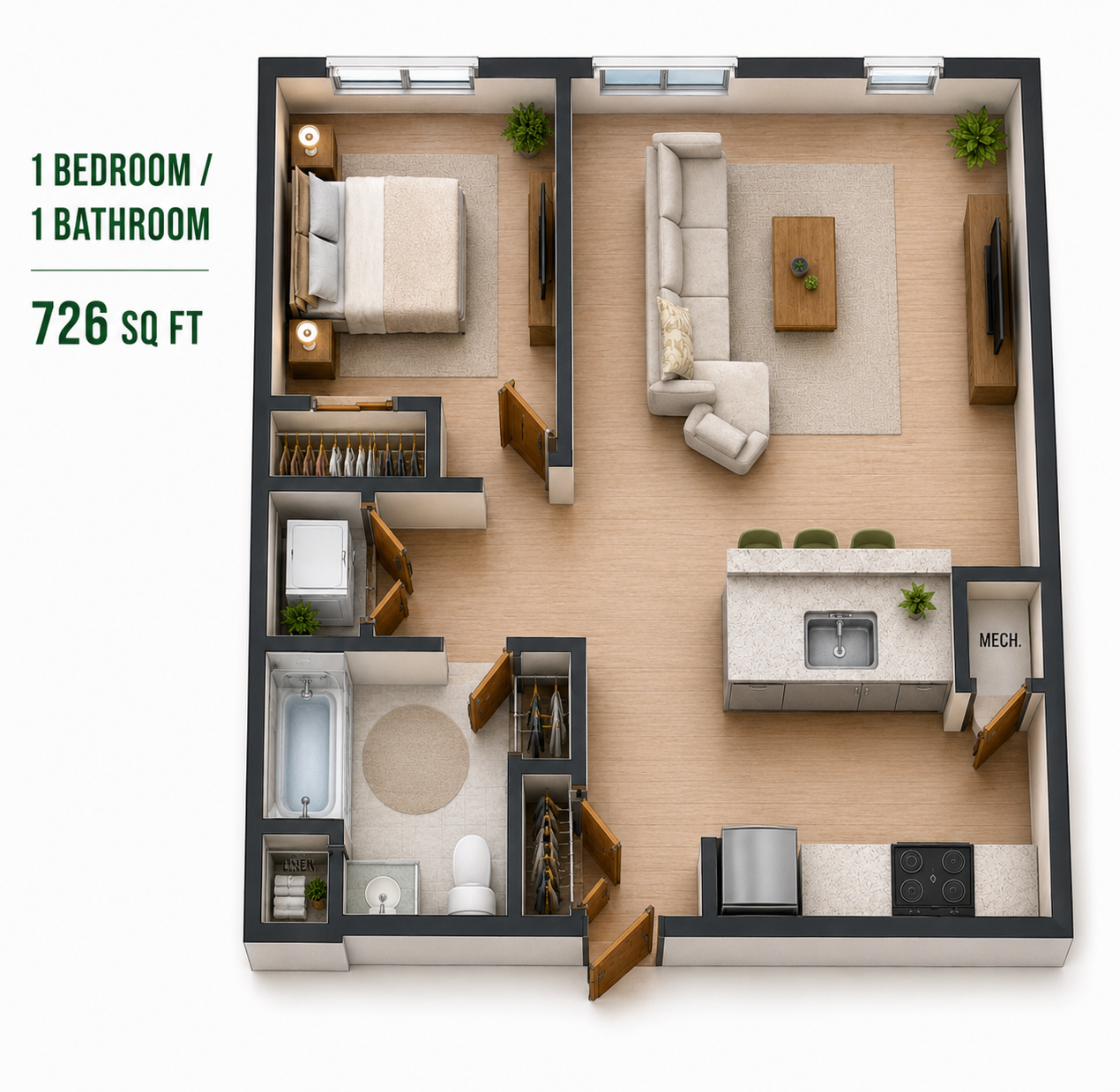 Floor Plan: 1 Bed · 1 Bath · 726 SF