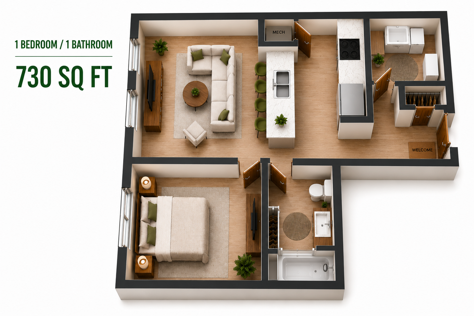 Floor Plan: 1 Bed · 1 Bath · 730 SF