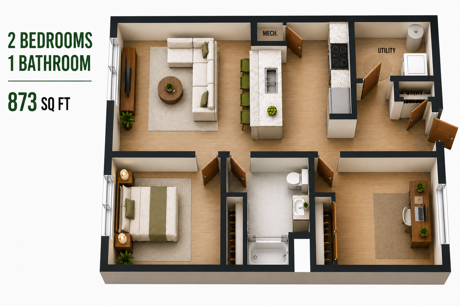 Floor Plan: 1 Bed · 1 Bath · Den · 873 SF