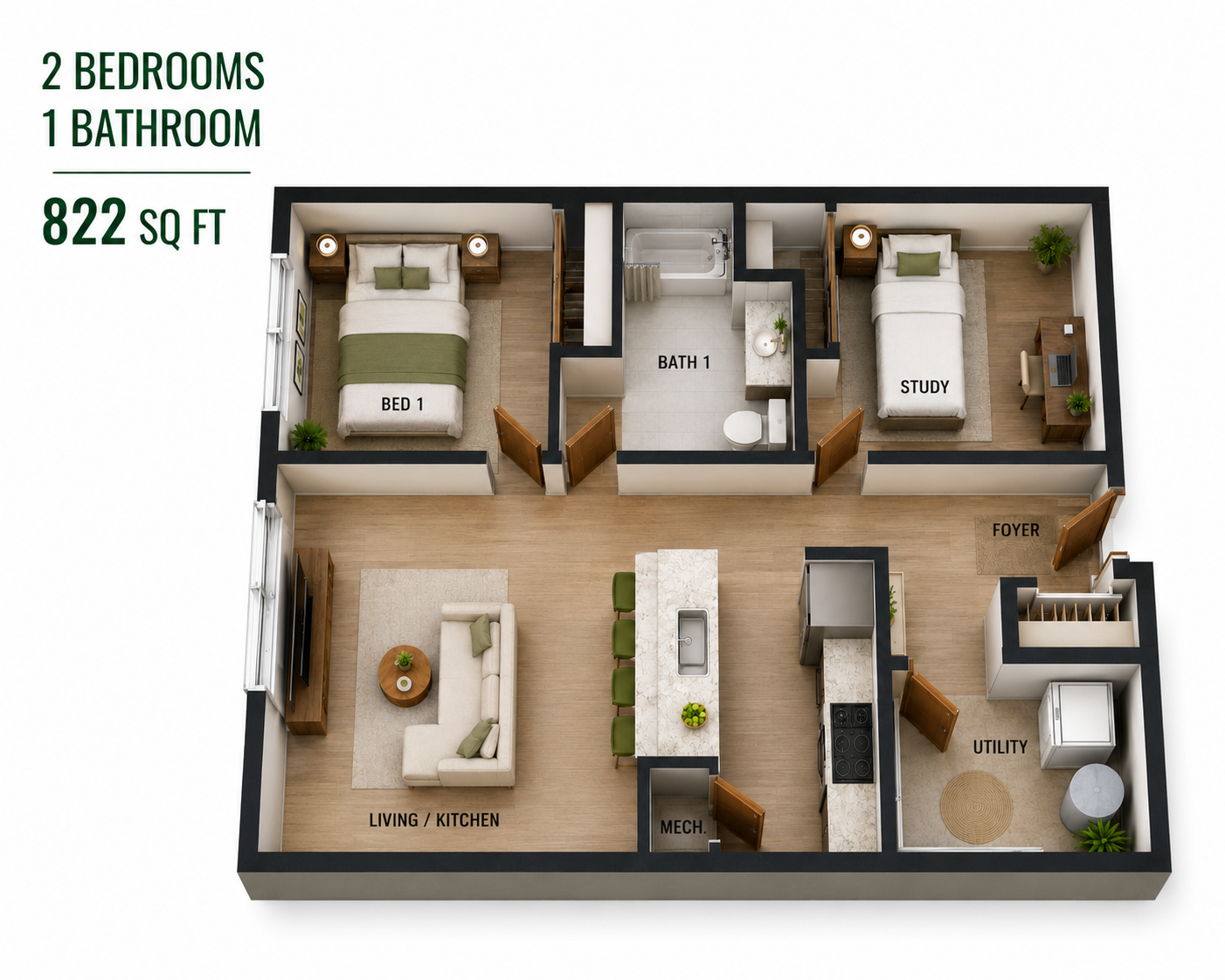 Floor Plan: 1 Bed · 1 Bath · 822 SF