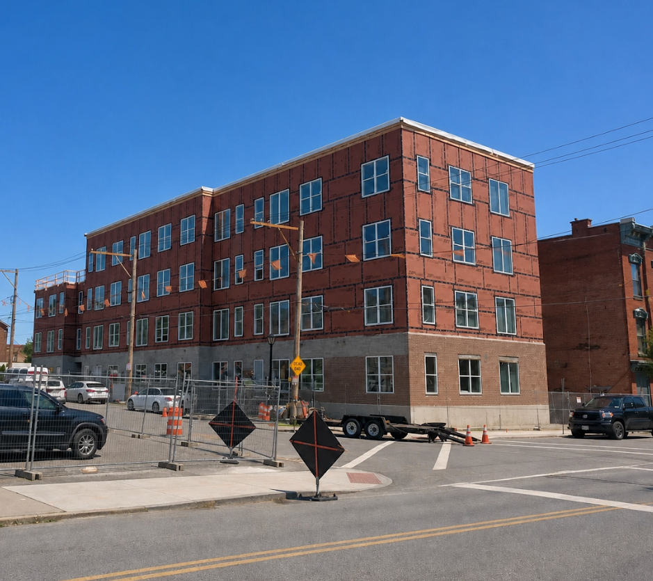 View from a brick building over a downtown street and courtyard with parked cars and orange cones under a clear sky