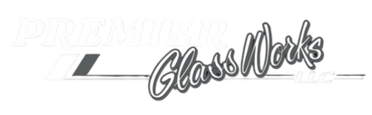 GlassWorks logo in black script with a gray slash and abstract shape on a white background