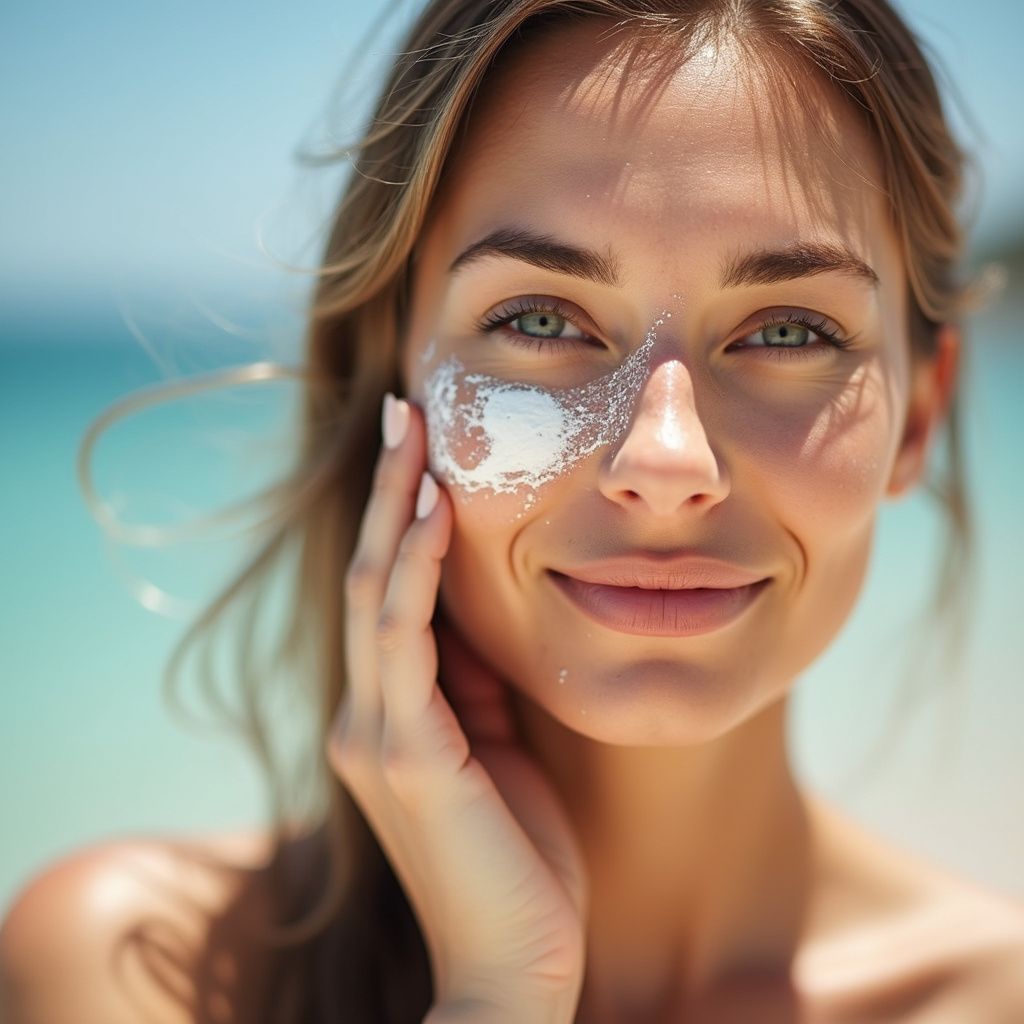 Woman applying sunscreen on her cheek, smiling at the beach.
