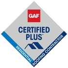 GAF Certified Plus Residential Roofing Contractor logo in red, blue, and gray diamond badge