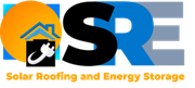 Solar Roofing and Energy Storage logo in black, blue, and orange with a house and solar panel icon