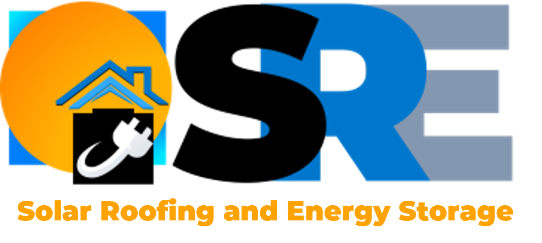 Solar Roofing and Energy Storage logo in black, blue, and orange with a house and solar panel icon
