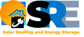 Solar Roofing and Energy Storage logo in black, blue, and orange with a house and solar panel icon