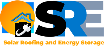 Solar Roofing and Energy Storage logo in black, blue, and orange with a house and solar panel icon