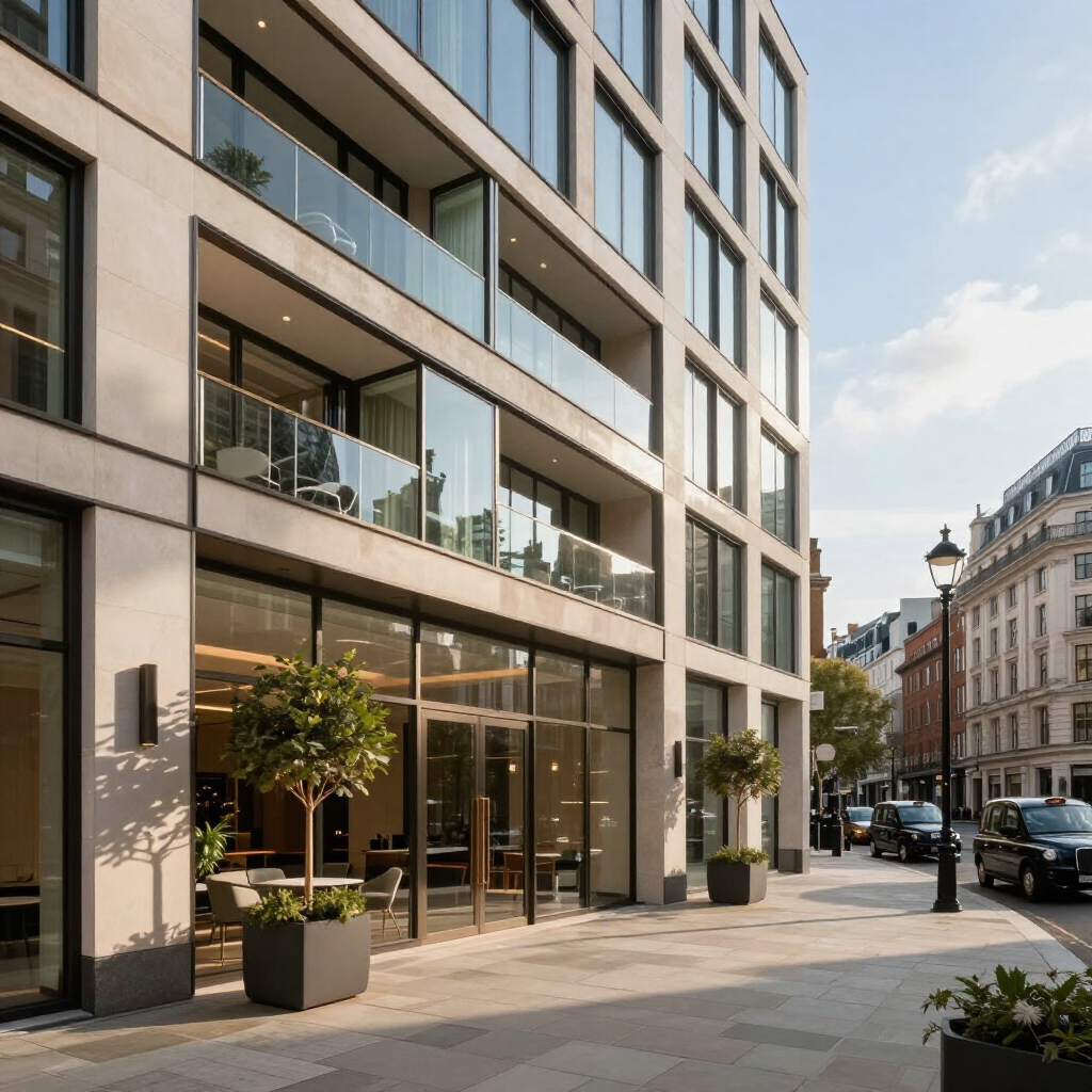 Modern apartment building with glass balconies on a sunny city street