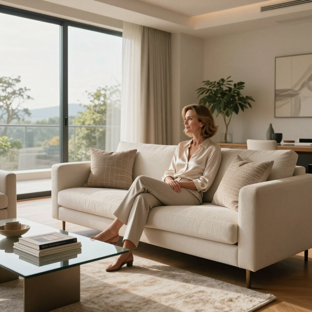 Woman sitting on a beige sofa in a bright living room with large windows and a coffee table