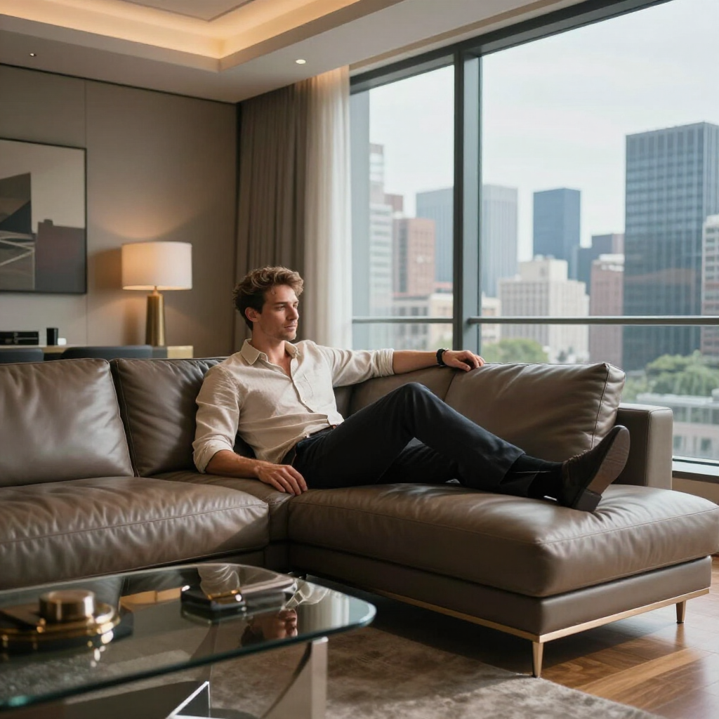 Person relaxing on a gray sectional sofa in a modern living room with a city skyline view