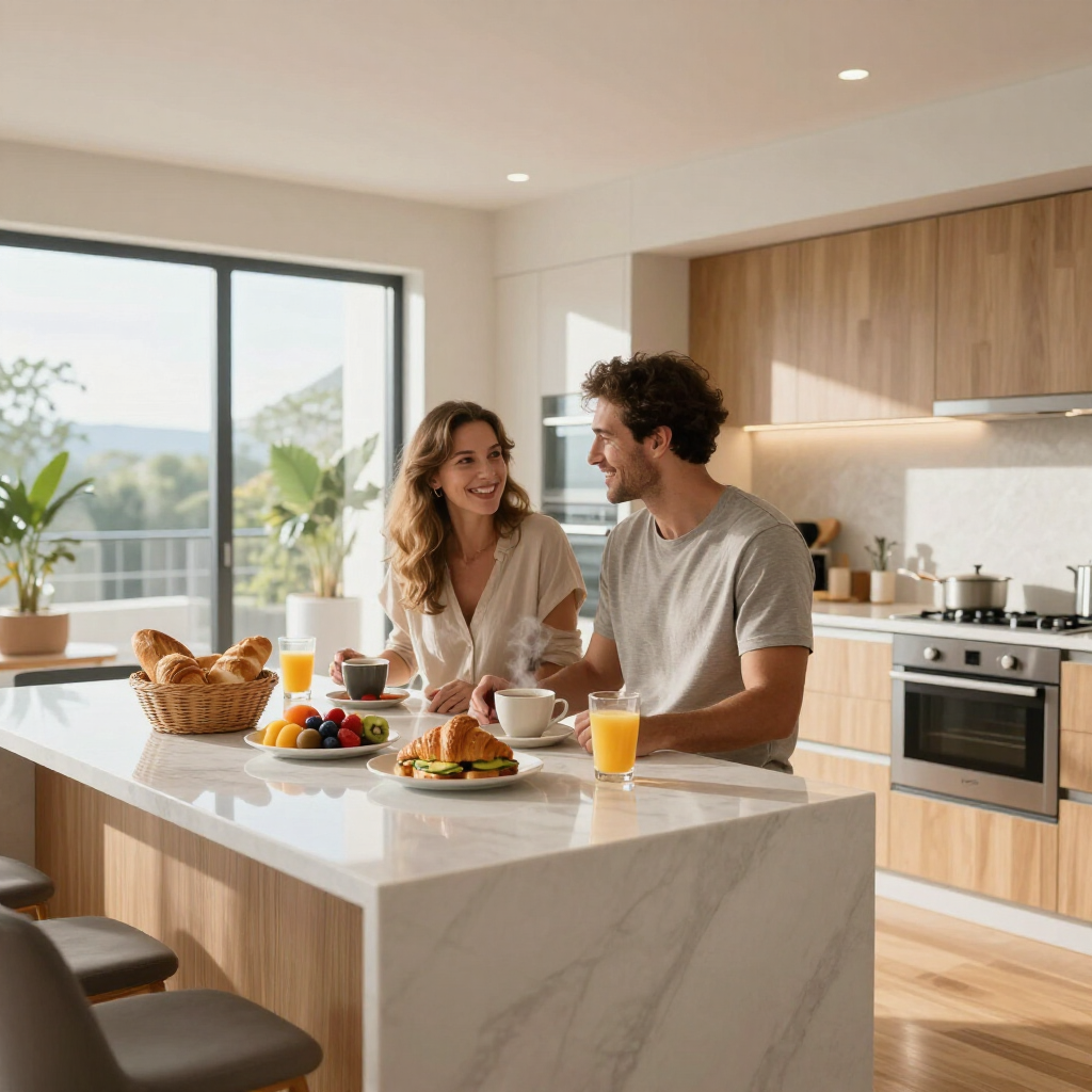 Two people smiling in a bright kitchen, sharing breakfast by a marble island
