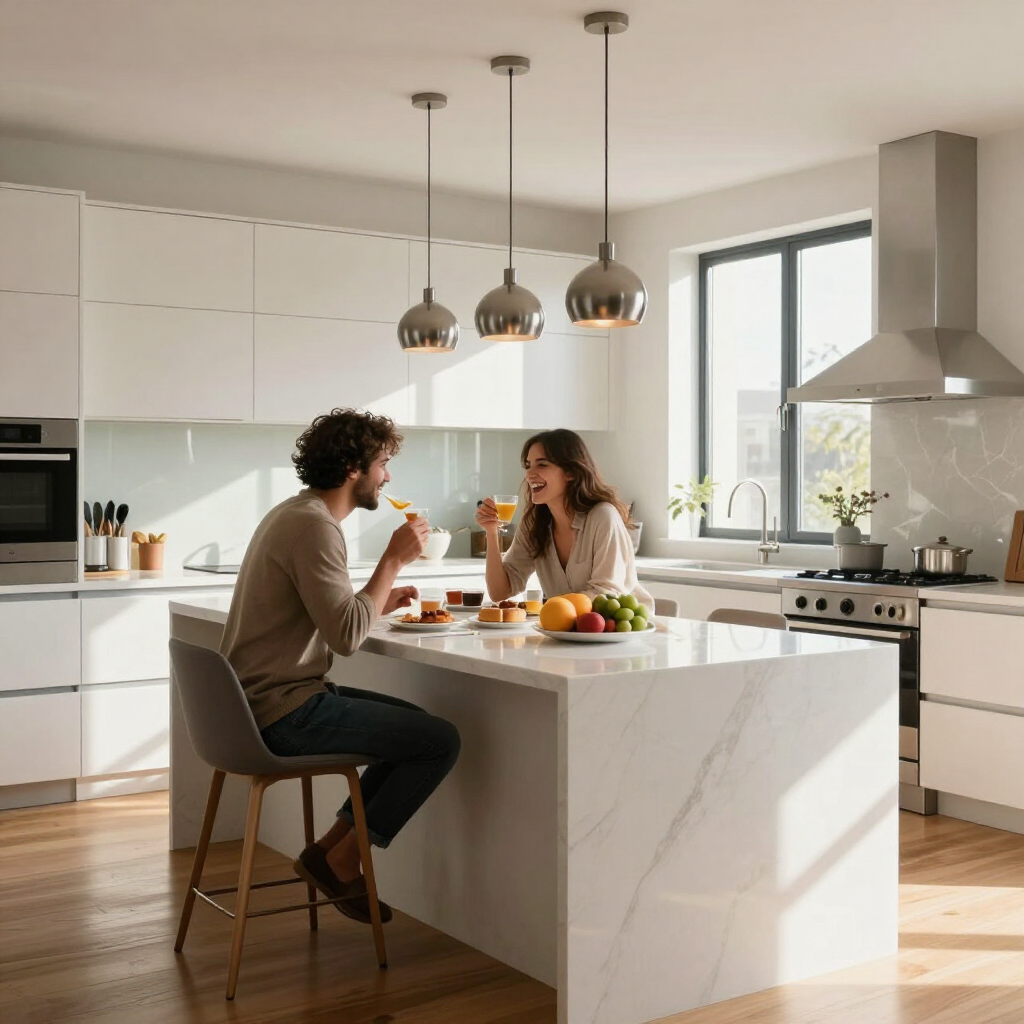 Two people talking at a kitchen island in a bright modern kitchen with white cabinets and pendant lights