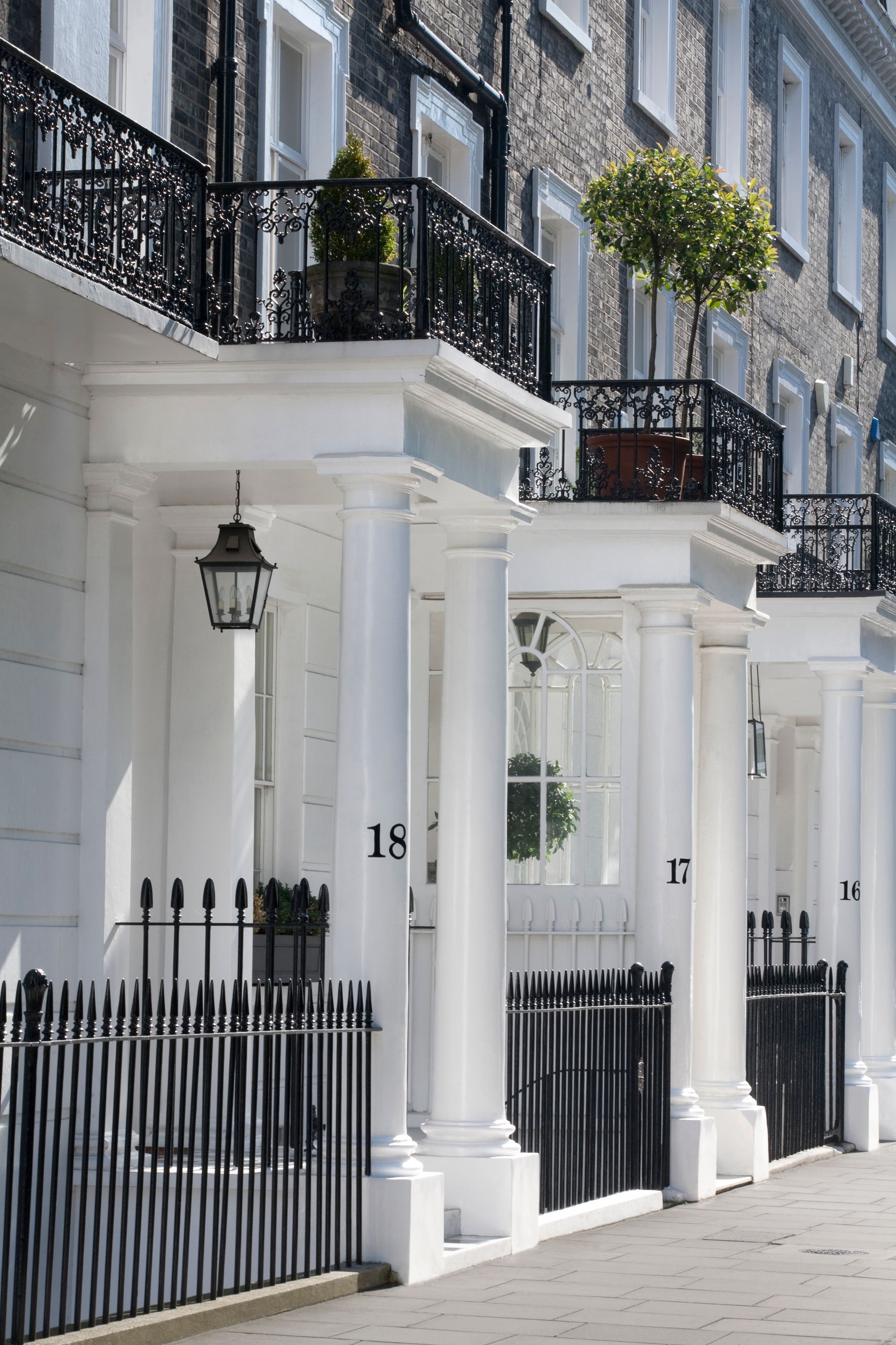 Elegant white townhouse entrance with columns, black iron railings, and potted trees on a sunny street
