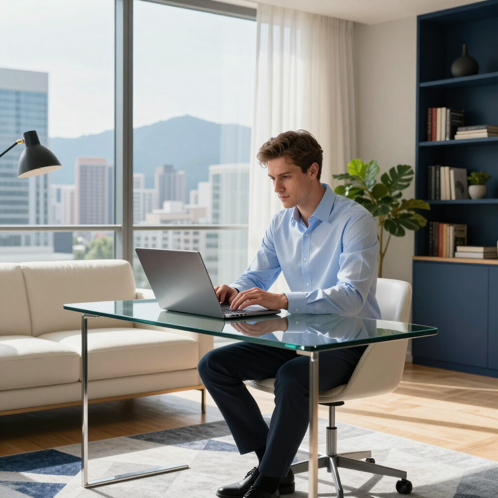 Man working on a laptop at a glass desk in a bright home office with city views.