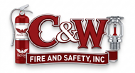 C&W Fire and Safety, Inc. logo with red fire extinguisher graphics and bold red lettering