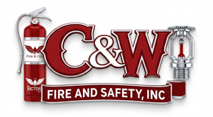 C&W Fire and Safety, Inc. logo with red fire extinguisher graphics and bold red lettering