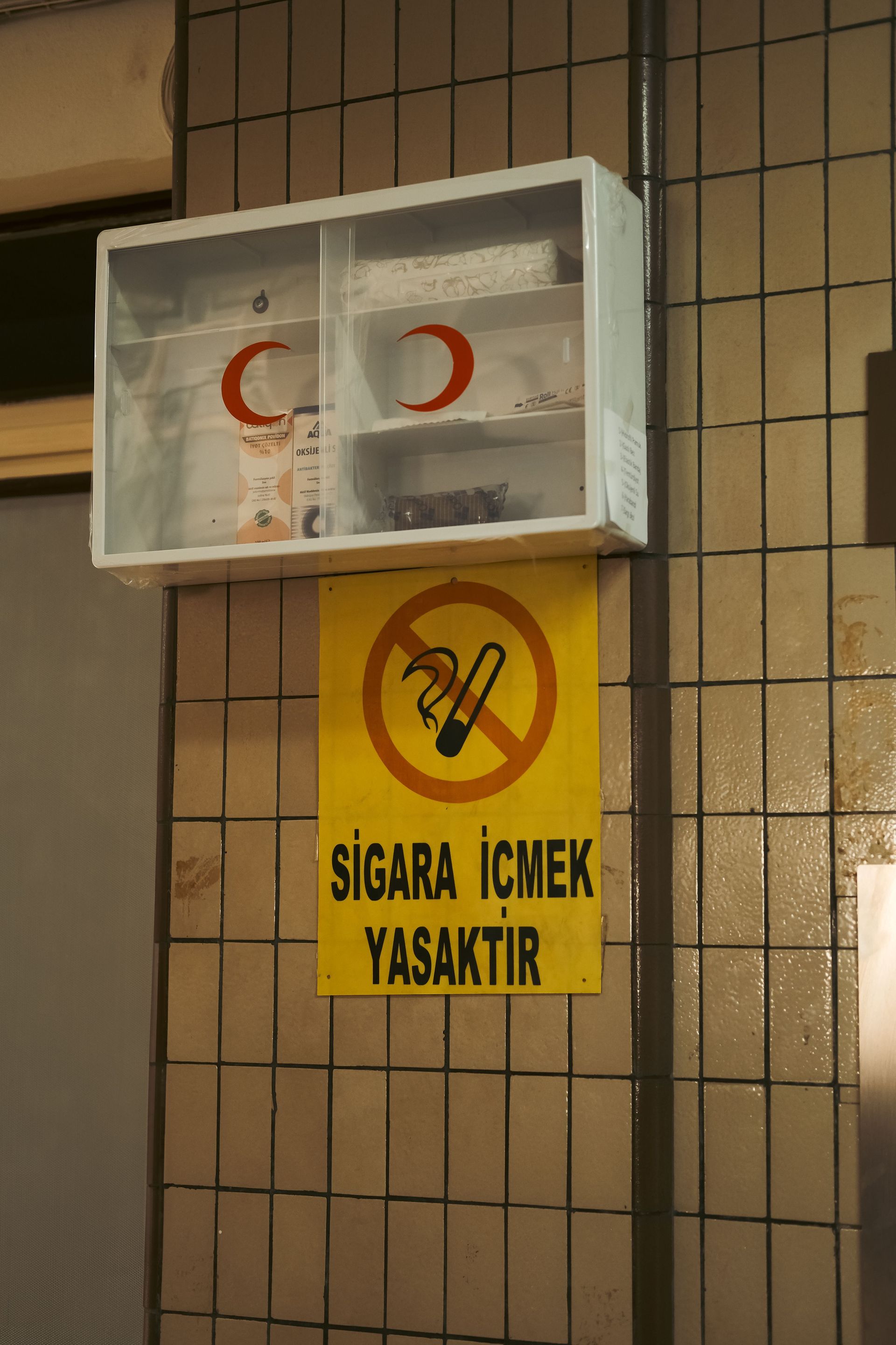 Emergency eyewash station and first aid cabinet for chemical handling area