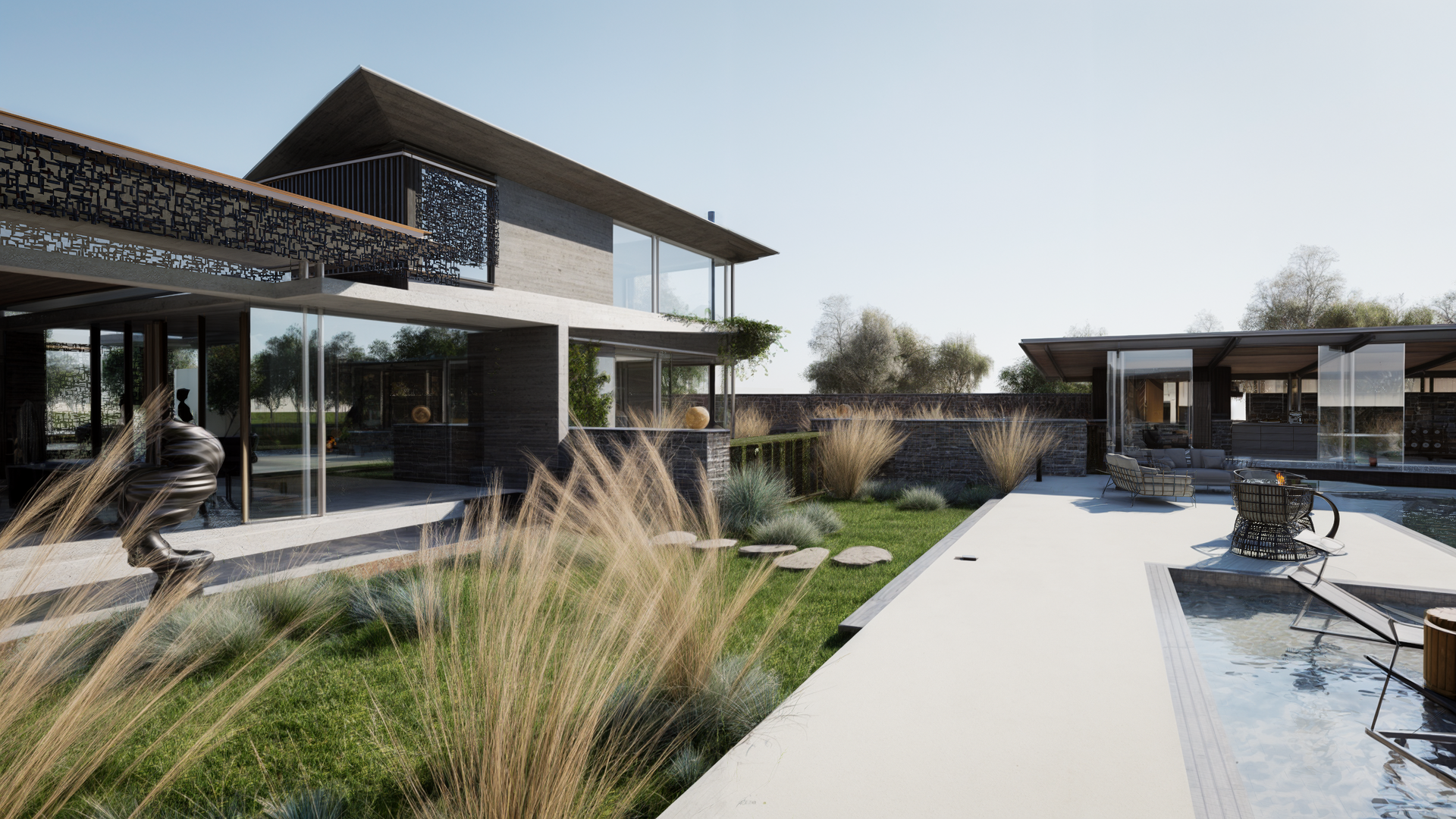 Modern home exterior with lush landscaping, a pool, and clear sky.