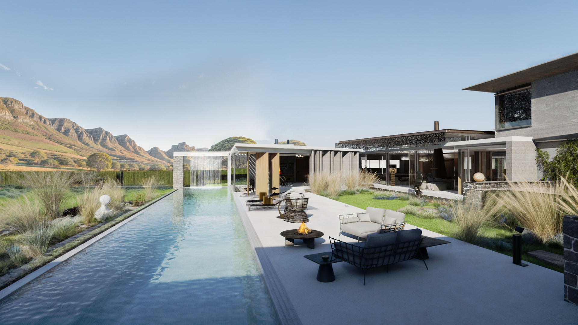 Luxury home exterior with a long pool, patio furniture, and mountain views.