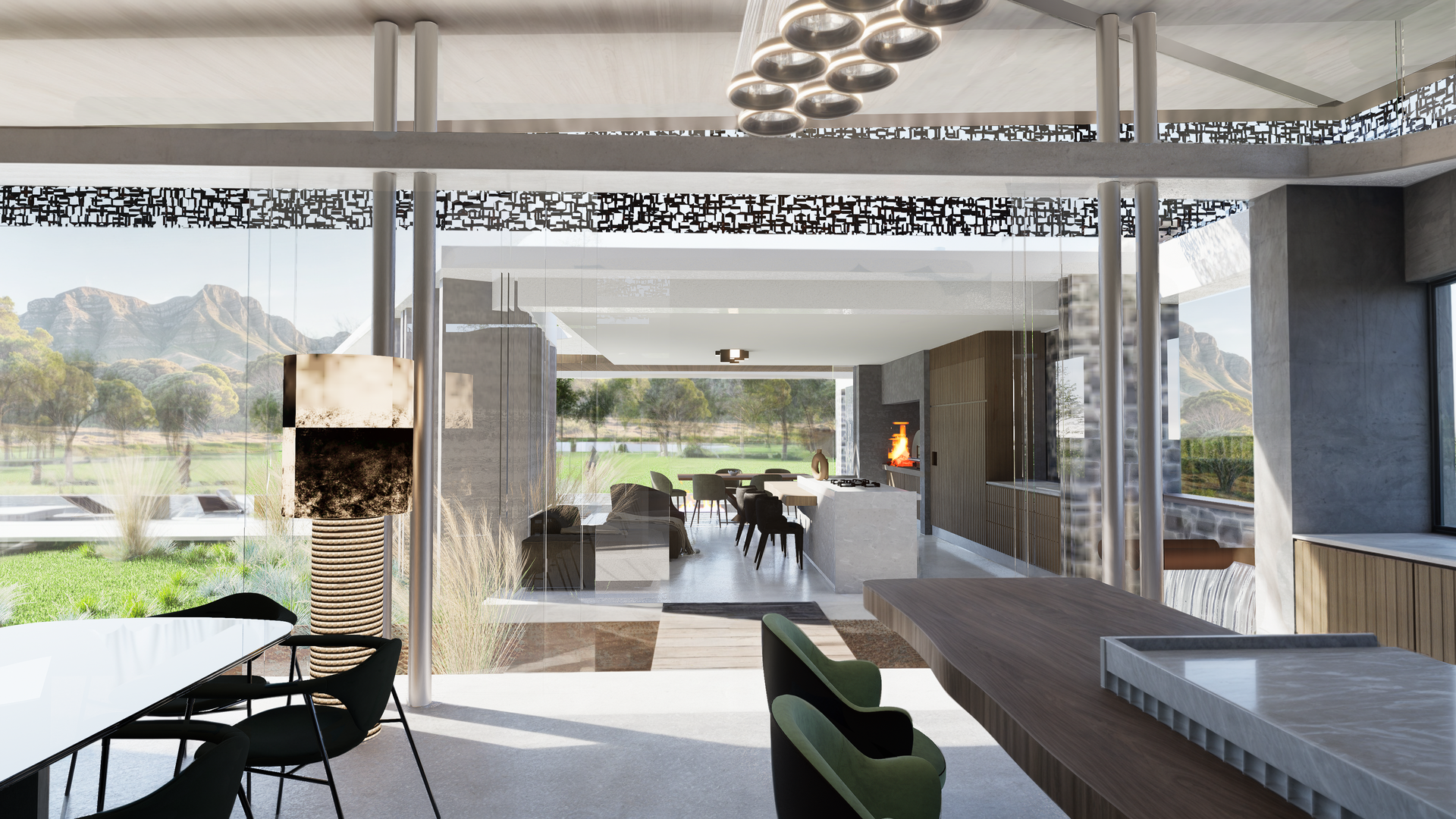 Modern home interior with open plan, large windows, and outdoor views of mountains and green space.