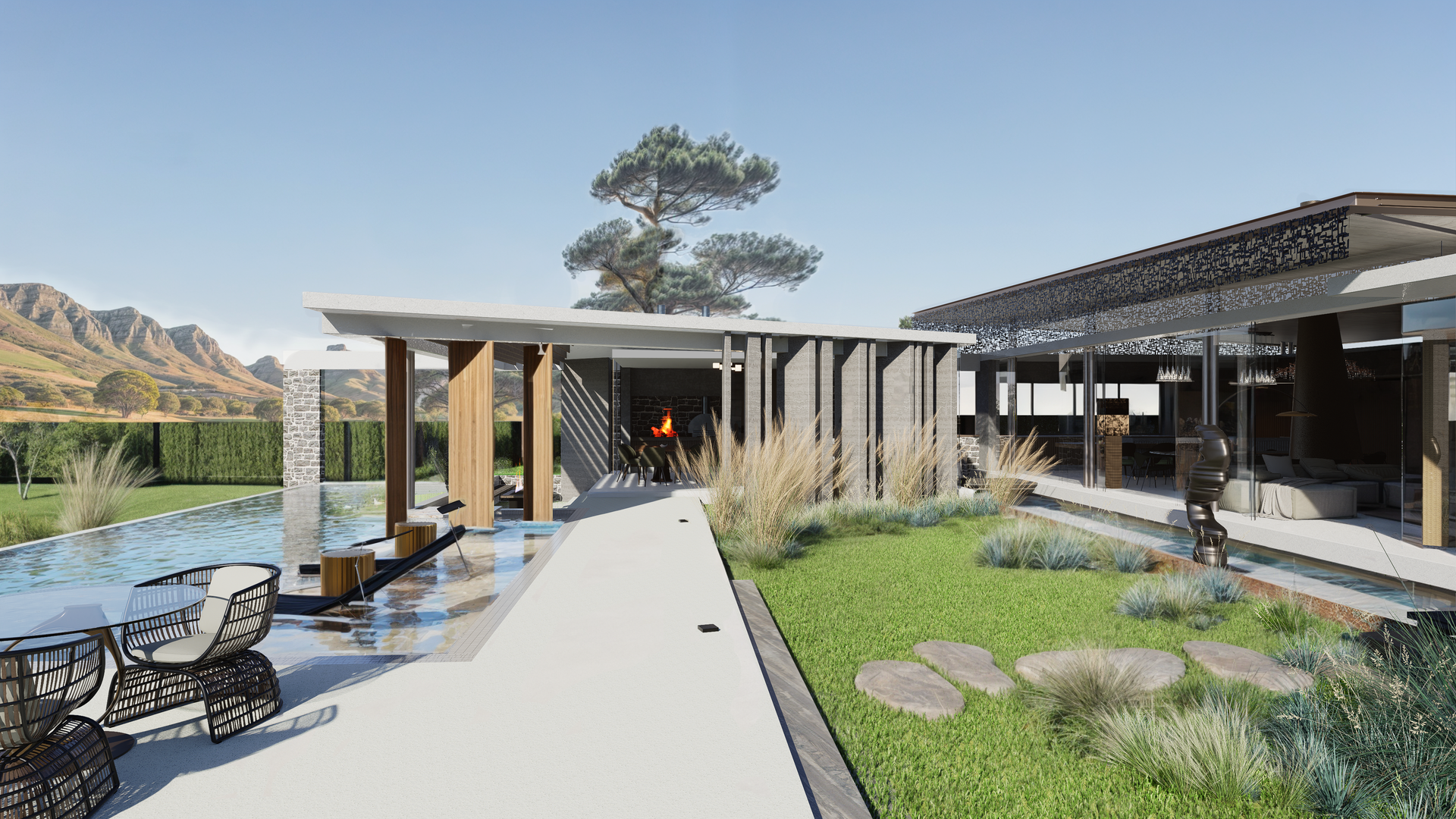 Outdoor lounge with pool, fire pit, modern architecture, and mountain views on a sunny day.