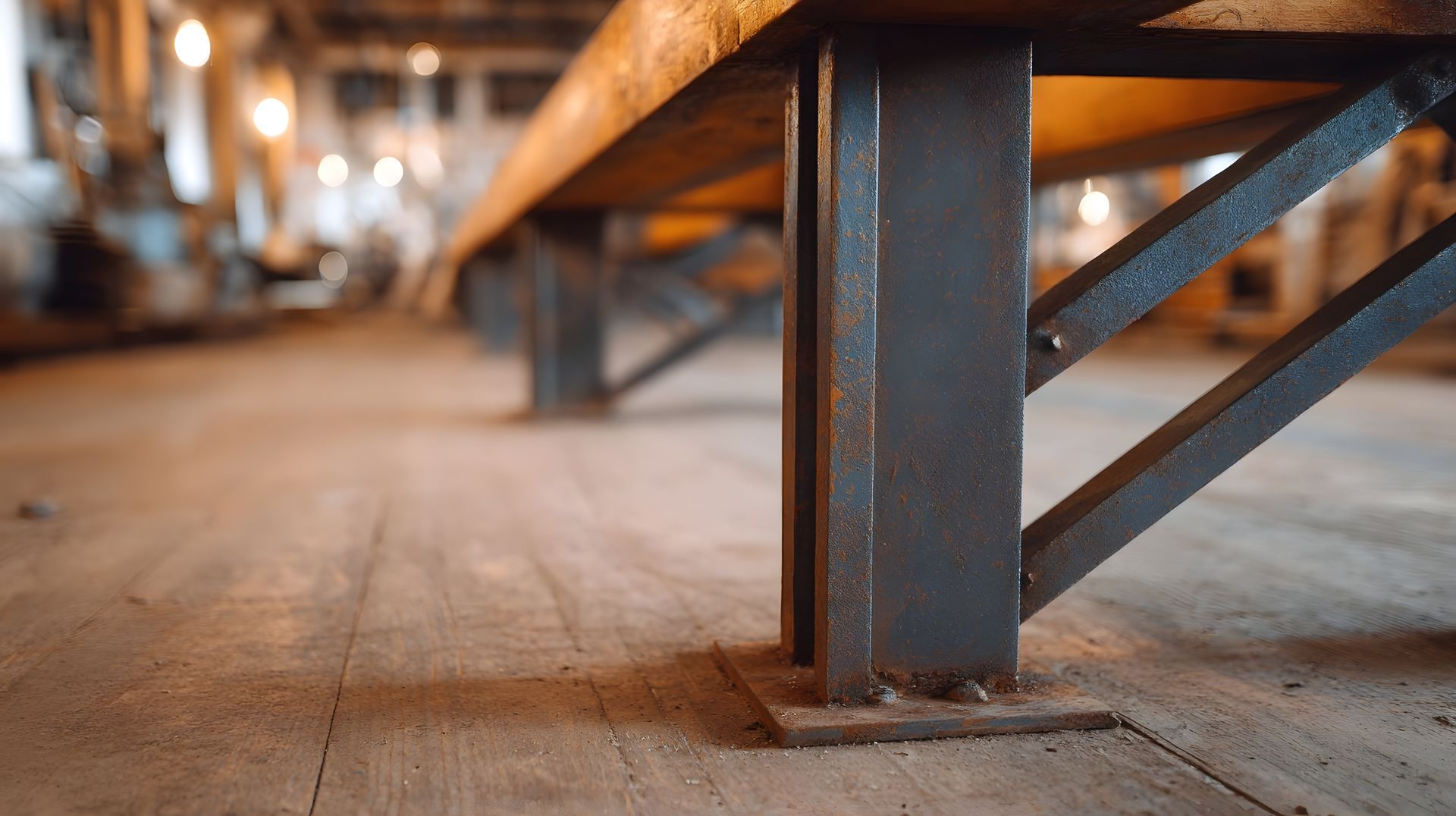 Close-up of a weathered steel foundation metal beam bracing for heavy-duty structural support.