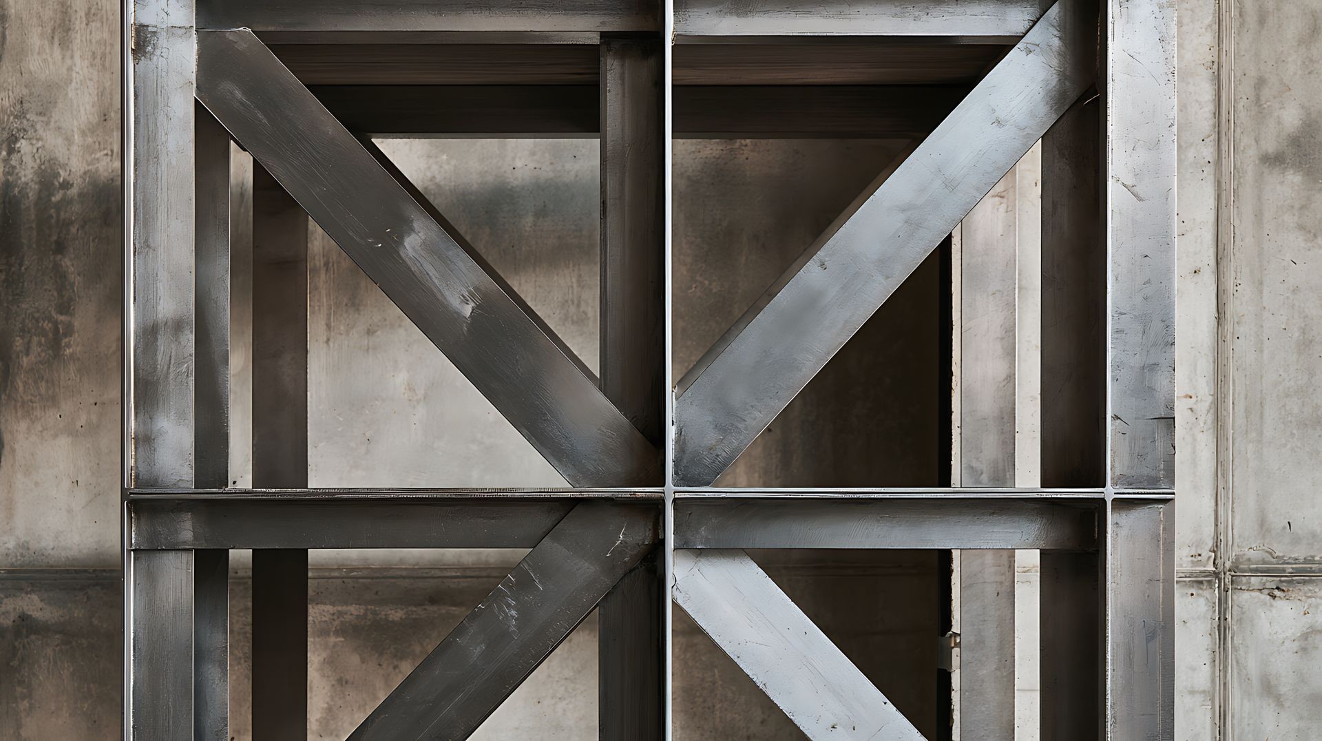 Industrial foundation metal beam bracing and steel cross frames against a concrete structure.