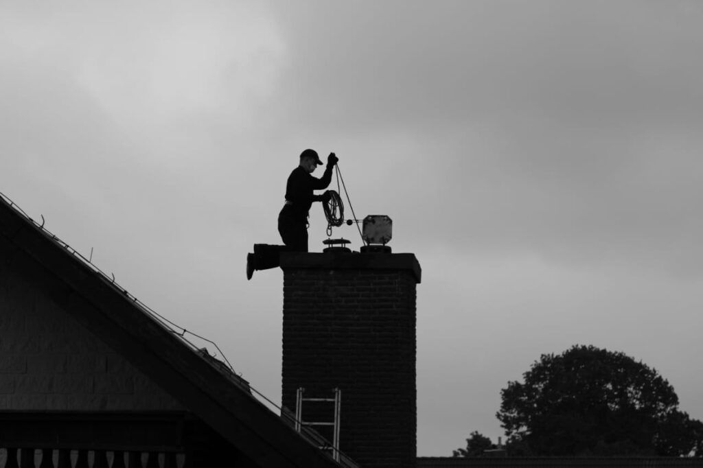 Silhouette of a person working on a chimney against a cloudy sky, with rooftops and trees below.
