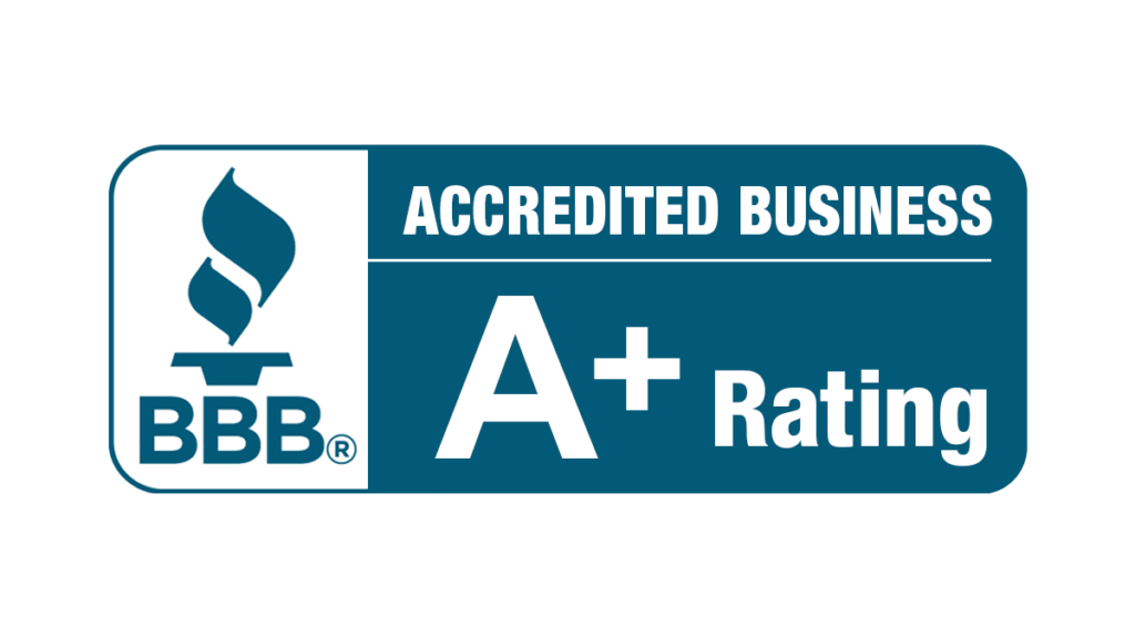 BBB Accredited Business A+ rating logo in blue and white