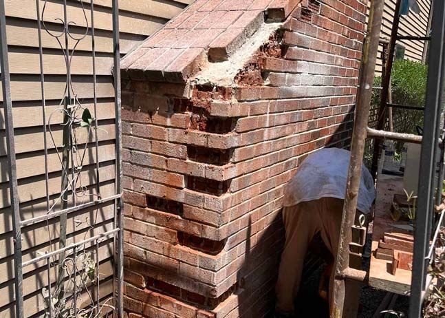 Brick wall under construction with exposed rebar and a worker bent over beside scaffolding