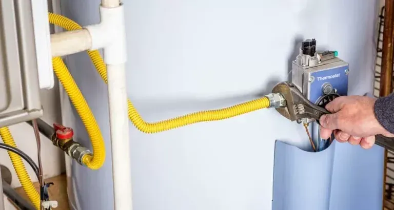 Hand adjusting a gas valve connected to yellow flexible tubing near a blue appliance unit
