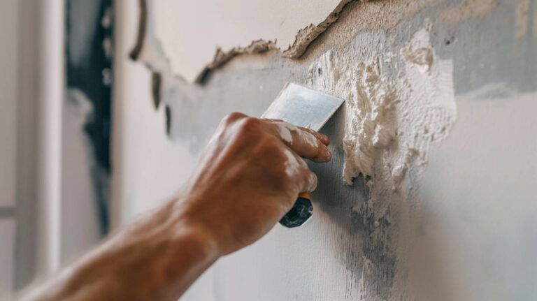 Hand using a putty knife to scrape plaster off a wall during repair work