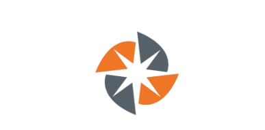 Orange and grey starburst logo on white background.