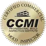A certified commercial mold inspector seal with a building on it.