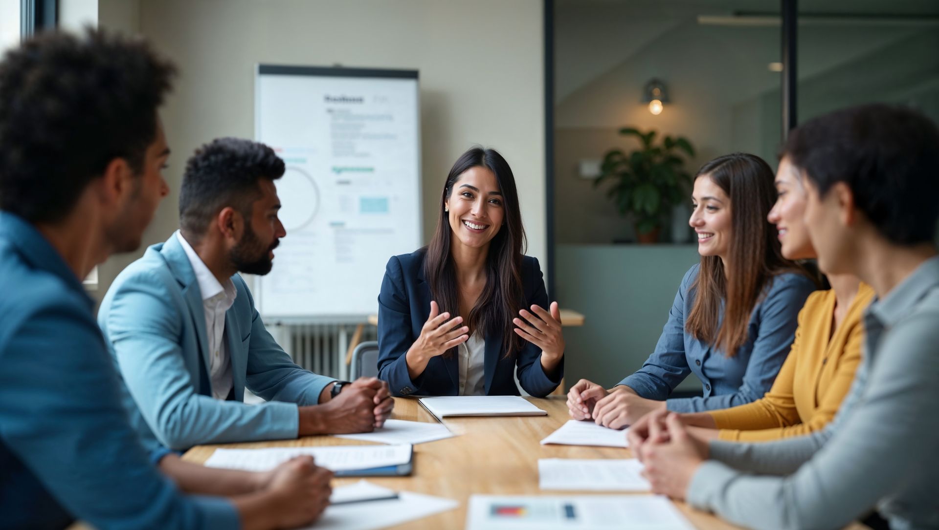 Diverse group of people in business attire seated around a table, engaged in a meeting
