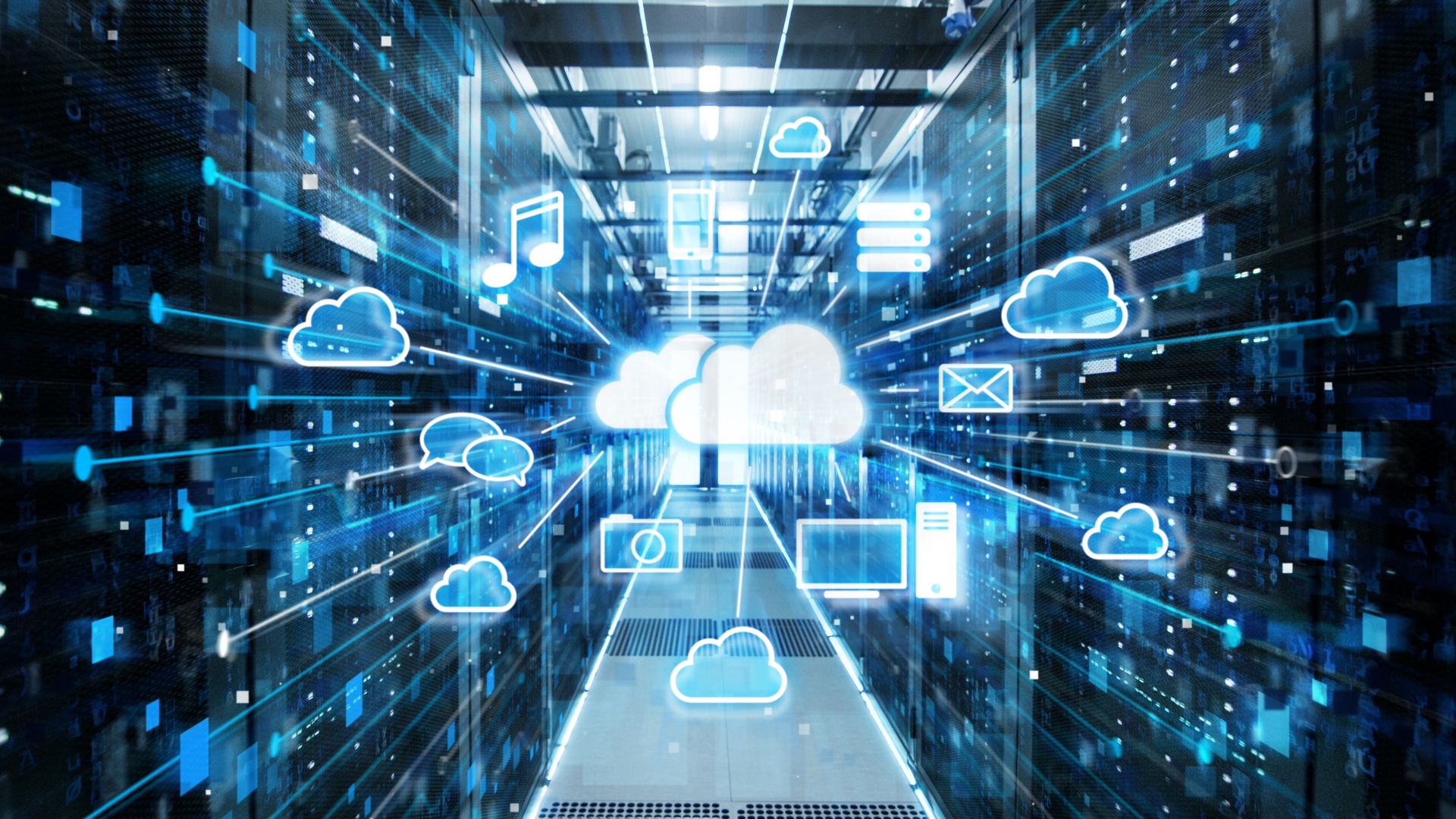Server room with a digital cloudscape overlay of icons and cloud shapes.