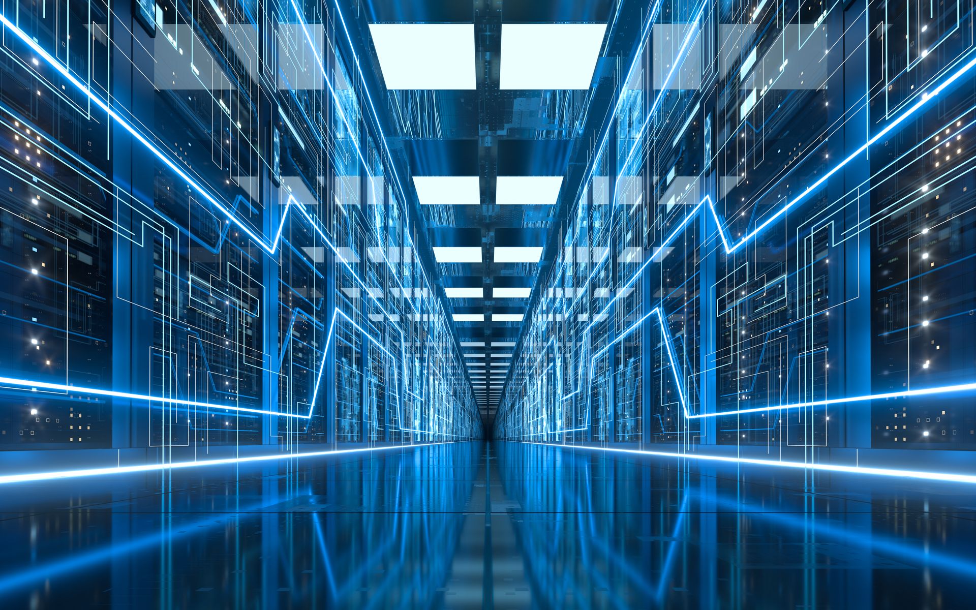 A futuristic server room bathed in blue light, with glowing lines indicating data flow, reflected in a polished floor.