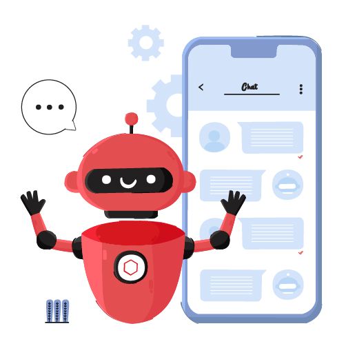 A red robot with a smiling face and raised arms stands next to a smartphone displaying a chat interface.