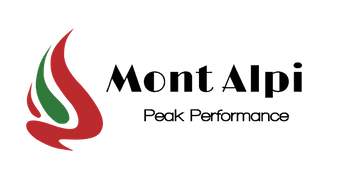 Un logo pour mont alpin peak performance avec une flamme rouge et verte
