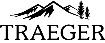 Un logo noir et blanc pour traeger avec des montagnes et des arbres.