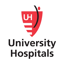 Logo for University Hospitals featuring a red shield with a white 'UH' and an abstract figure above the text.