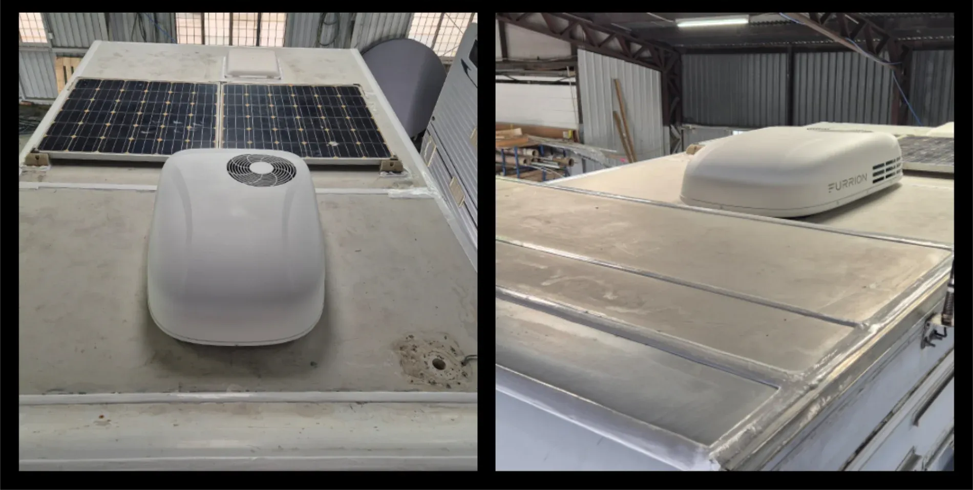 RV roof with solar panels and air conditioner — Revive Caravan Repairs in Kippa-Ring, QLD