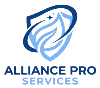 Logo for Alliance Pro Services featuring a stylized blue shield encompassing a leaf graphic and a small star.