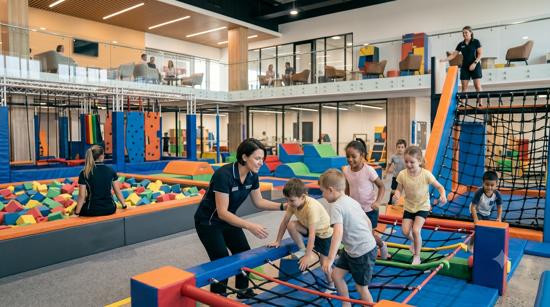 Children jumping on colorful indoor trampolines in a bright play gym with climbing nets and padded obstacles