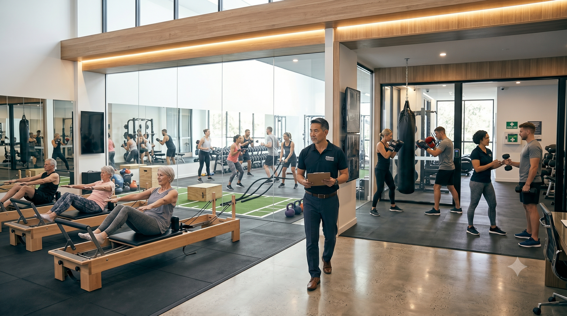 People exercising in a bright modern gym with large windows and wooden equipment.